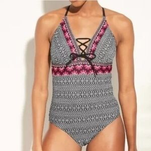 Kona Sol Lace Up Front Floral Tile Print One Piece Swimsuit Women's Size XL